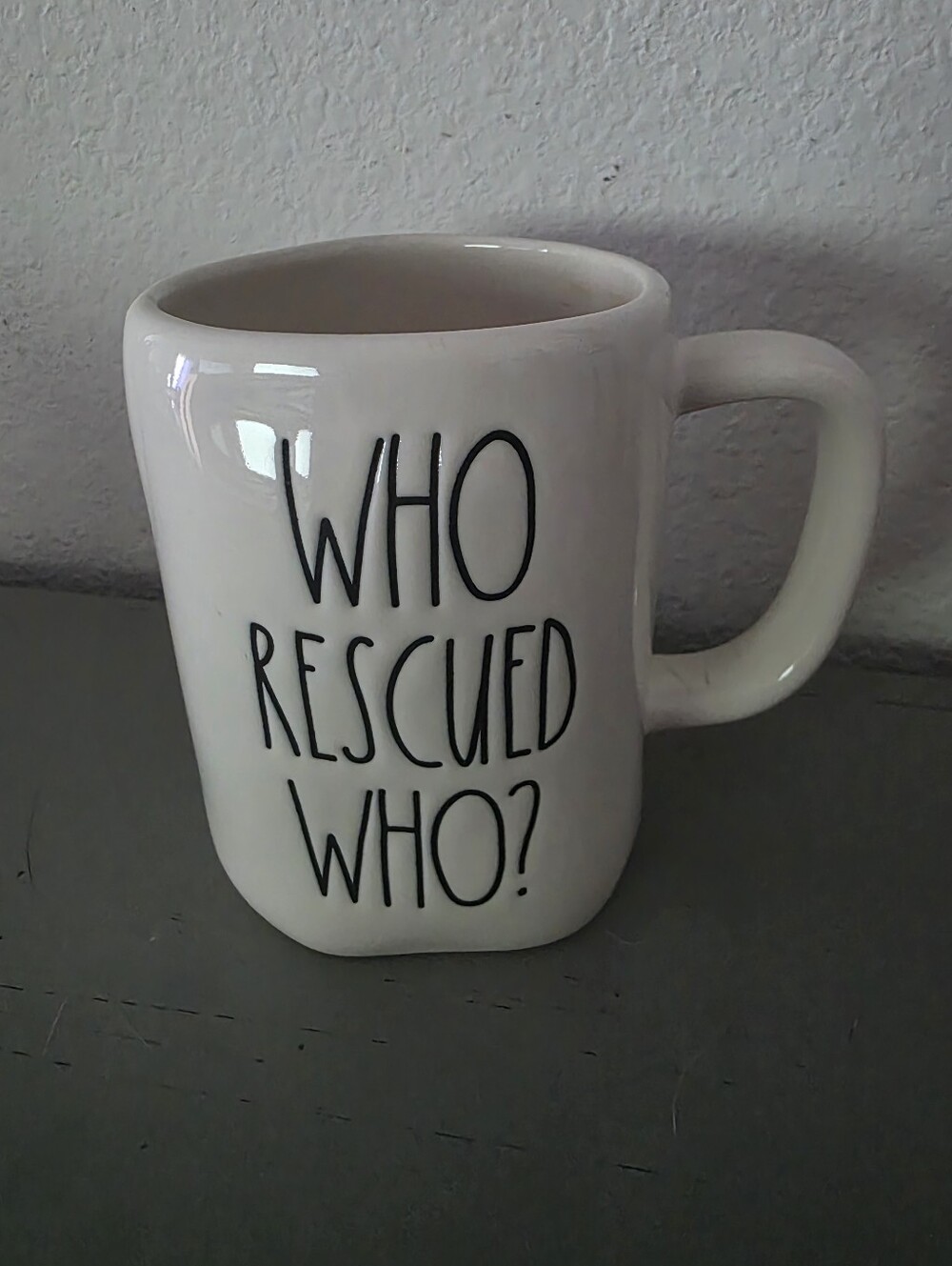 Rae Dunn "Who Rescued Who?" Artisan Collection Coffee Mug Dog Lover EUC